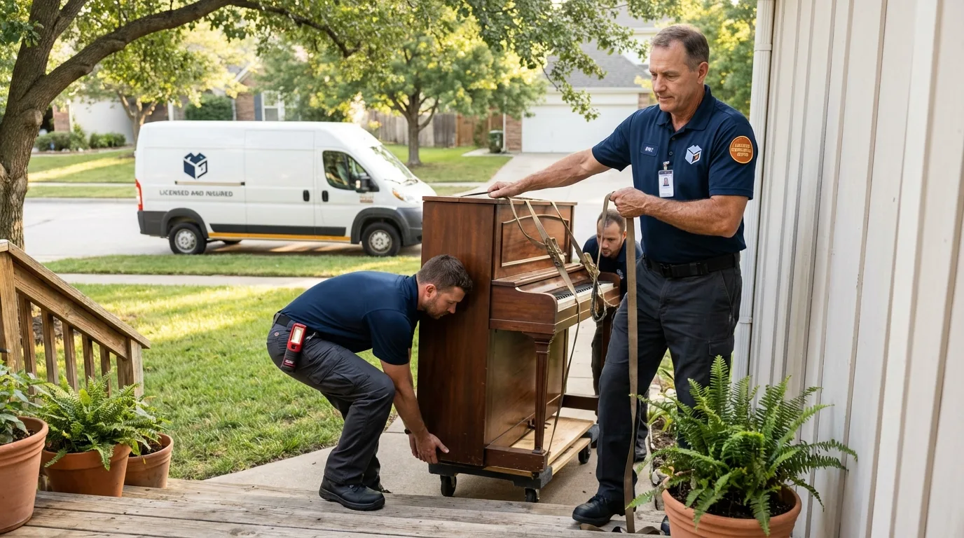 Licensed piano movers securing grand piano in Roosevelt, NY