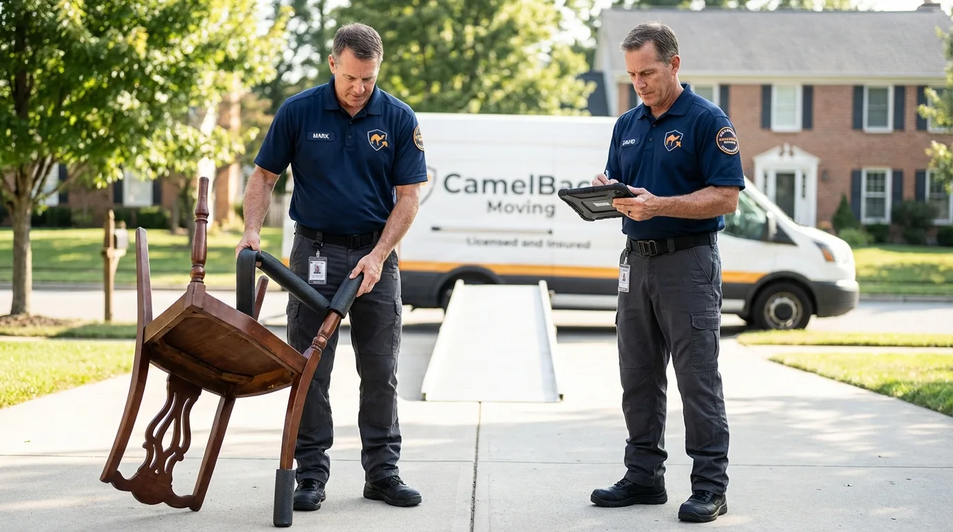 Movers inspecting furniture for damage prevention before loading in Roosevelt, NY