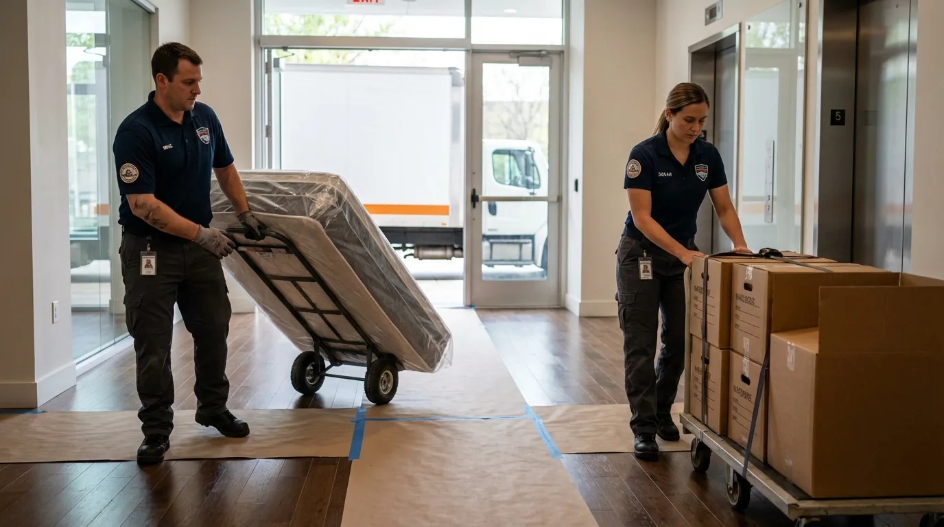 Professional apartment movers loading elevator in Roosevelt, NY