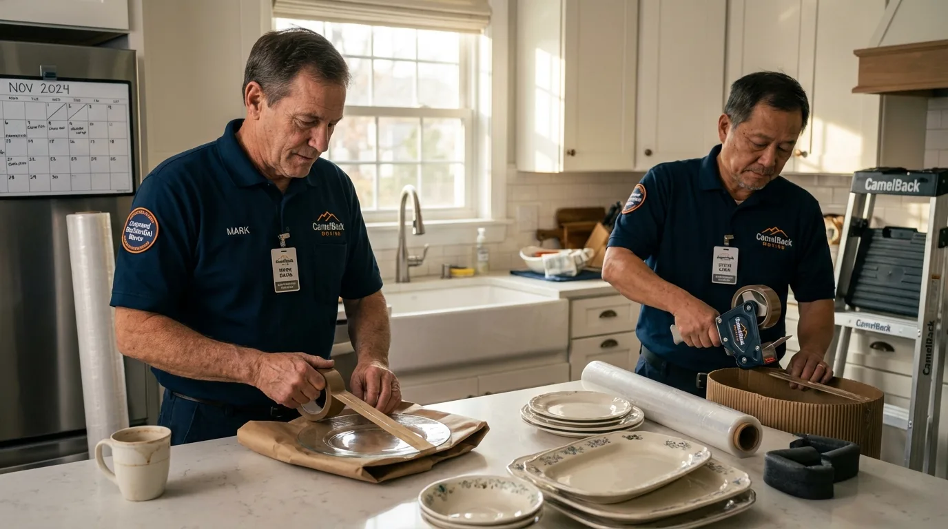 Professional crew packing kitchen dishware in Roosevelt, NY